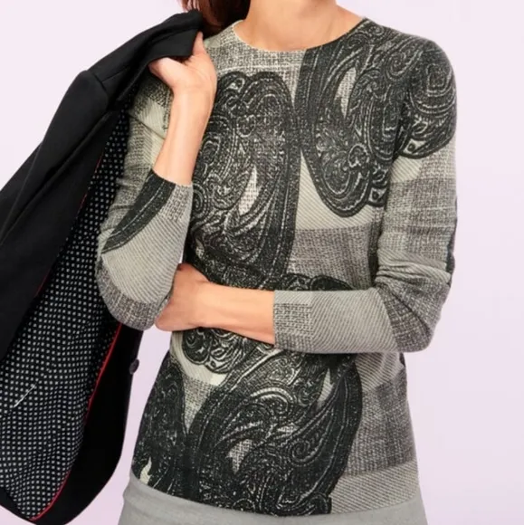 Talbots Pure Cashmere Plaid Paisley Crewneck Sweater Black/Gray Medium