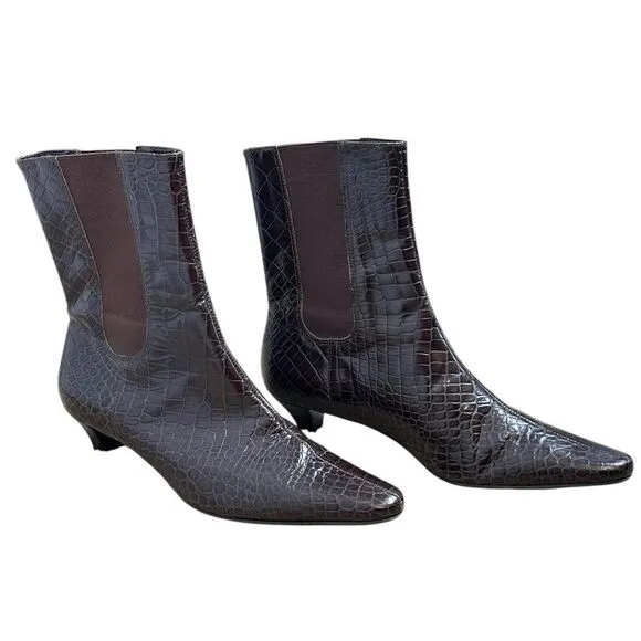 Talbots Brown Embossed Letter Kitten Heel Ankle Boots | Size 7