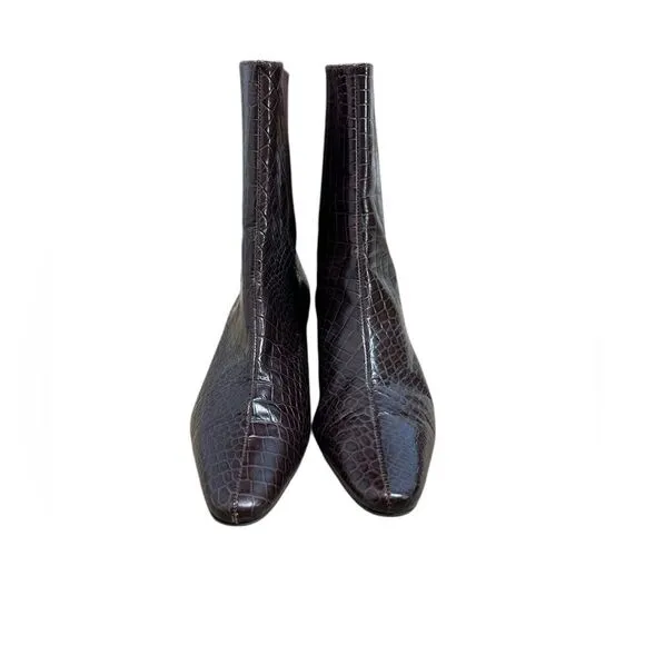 Talbots Brown Embossed Letter Kitten Heel Ankle Boots | Size 7