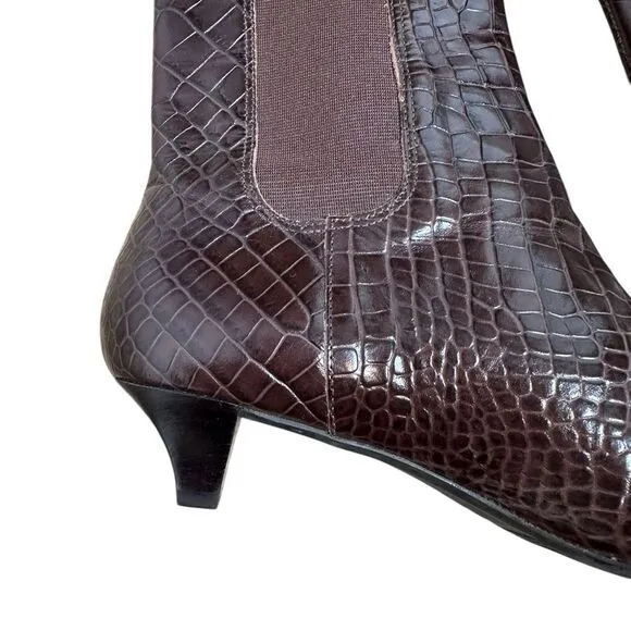Talbots Brown Embossed Letter Kitten Heel Ankle Boots | Size 7
