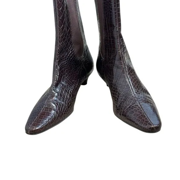 Talbots Brown Embossed Letter Kitten Heel Ankle Boots | Size 7