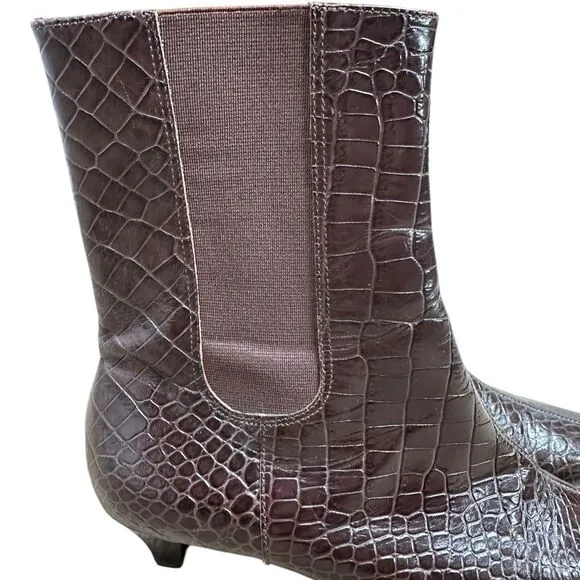 Talbots Brown Embossed Letter Kitten Heel Ankle Boots | Size 7
