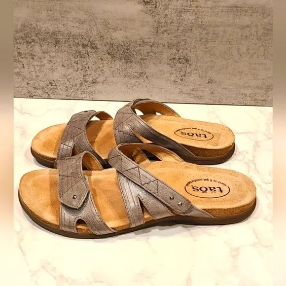 Taos Gray Premier Leather Sandal Slides, Hook and Loop Closure | 10