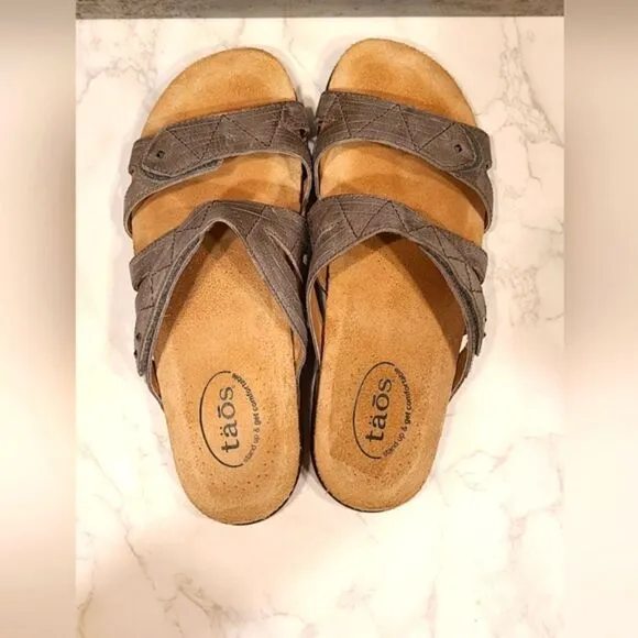 Taos Gray Premier Leather Sandal Slides, Hook and Loop Closure | 10