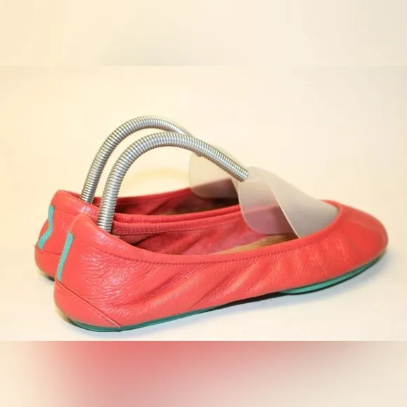 Tieks Coral Red Leather The Ballet Flat Chic Comfort Travel Shoes 9 EUC 👀