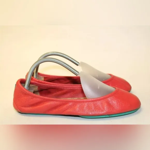 Tieks Coral Red Leather The Ballet Flat Chic Comfort Travel Shoes 9 EUC 👀
