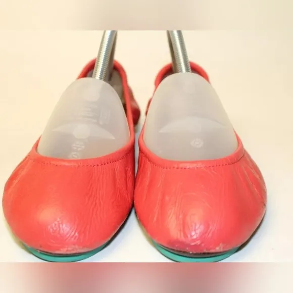 Tieks Coral Red Leather The Ballet Flat Chic Comfort Travel Shoes 9 EUC 👀