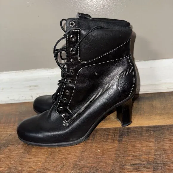 TIMBERLAND Black Leather Lace Up Heeled Booties Combat Boots Grunge Retro sz.8