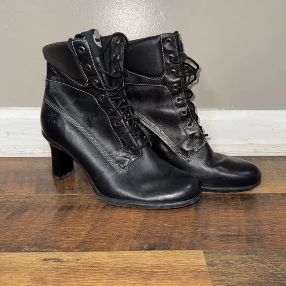 TIMBERLAND Black Leather Lace Up Heeled Booties Combat Boots Grunge Retro sz.8