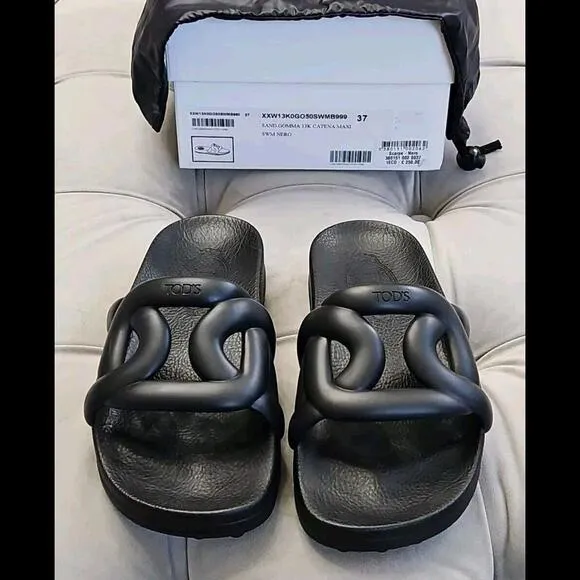 Tod's Gomma Nero Beach Water Slides Sandals Flats  Black Womens Shoes 37 7 $899