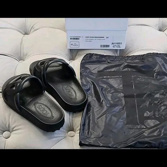 Tod's Gomma Nero Beach Water Slides Sandals Flats  Black Womens Shoes 37 7 $899