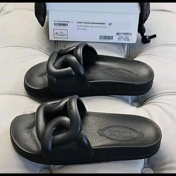 Tod's Gomma Nero Beach Water Slides Sandals Flats  Black Womens Shoes 37 7 $899