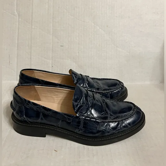 Tod’s Navy Blue Croc Embossed Loafers