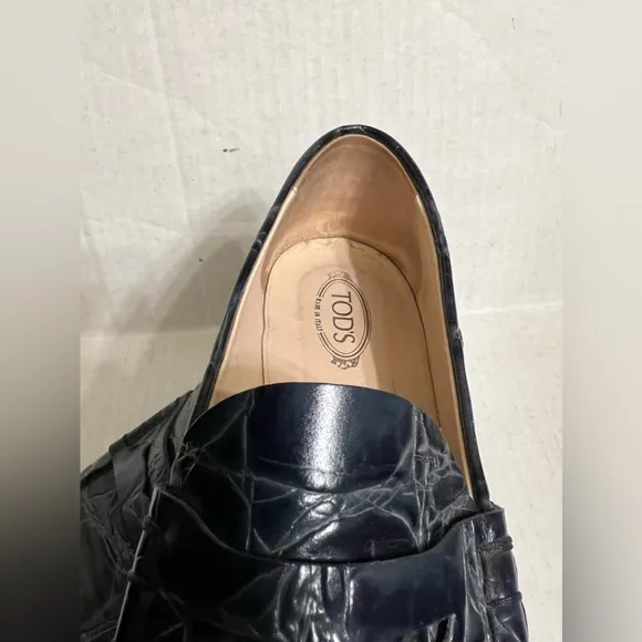 Tod’s Navy Blue Croc Embossed Loafers