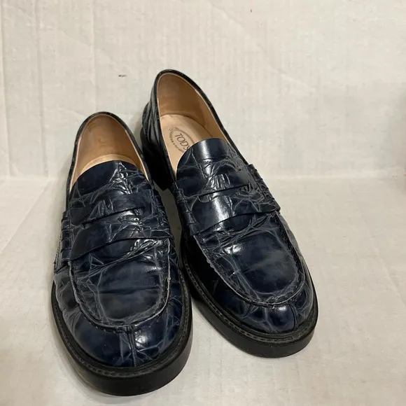 Tod’s Navy Blue Croc Embossed Loafers