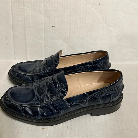 Tod’s Navy Blue Croc Embossed Loafers
