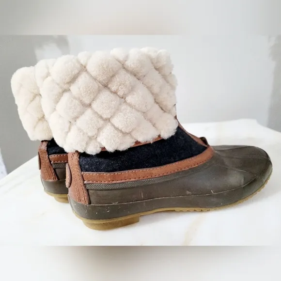 Tory Burch Abbott Shearling Duck Boots Front Zip Almond/Charcoal/Olive US 9
