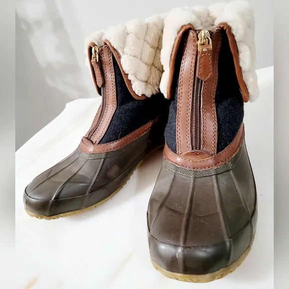 Tory Burch Abbott Shearling Duck Boots Front Zip Almond/Charcoal/Olive US 9