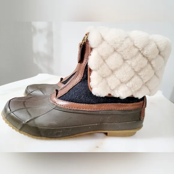 Tory Burch Abbott Shearling Duck Boots Front Zip Almond/Charcoal/Olive US 9