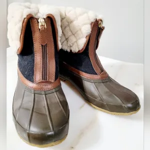 Tory Burch Abbott Shearling Duck Boots Front Zip Almond/Charcoal/Olive US 9