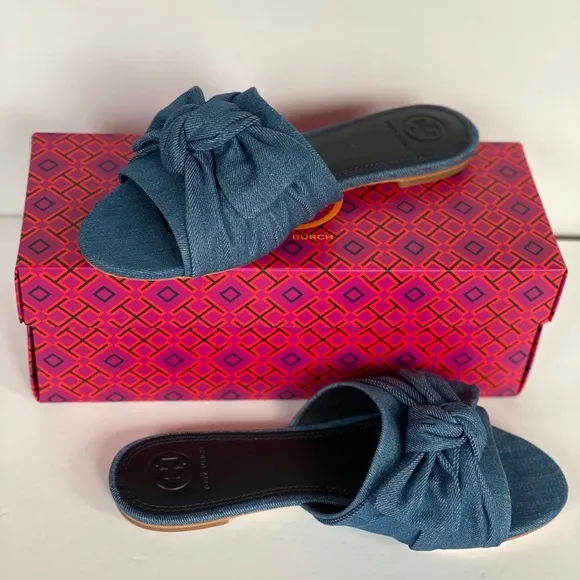 TORY BURCH Annabelle Bow Slide Denim Chamb…