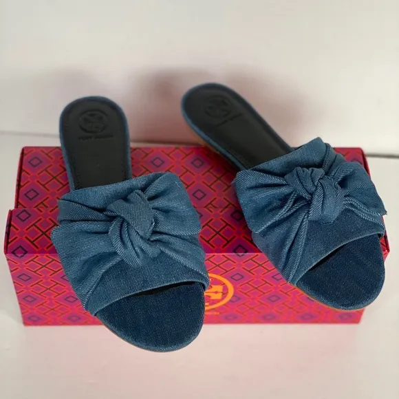 TORY BURCH Annabelle Bow Slide Denim Chamb…