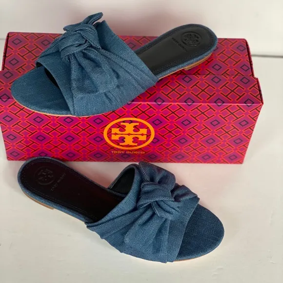 TORY BURCH Annabelle Bow Slide Denim Chamb…