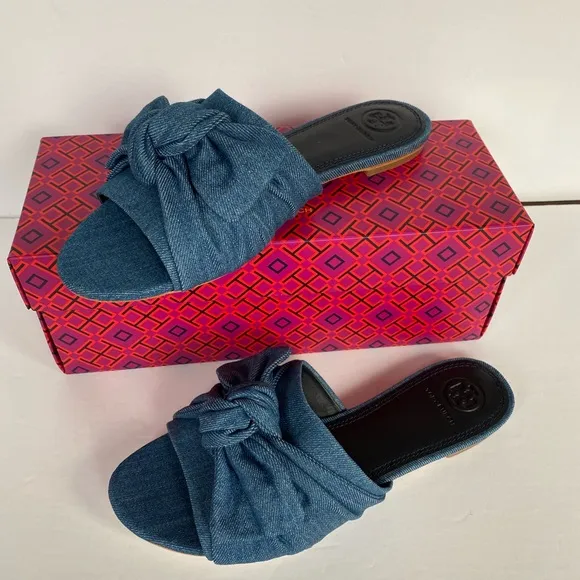 TORY BURCH Annabelle Bow Slide Denim Chamb…