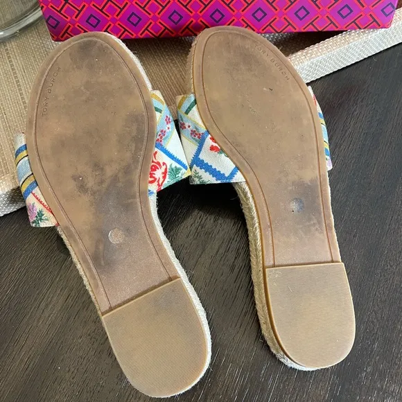Tory Burch Benton Multicolor Ribbon Printed Canvas Espadrille Open Toe Sandals