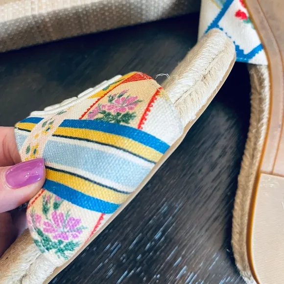 Tory Burch Benton Multicolor Ribbon Printed Canvas Espadrille Open Toe Sandals