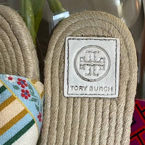 Tory Burch Benton Multicolor Ribbon Printed Canvas Espadrille Open Toe Sandals