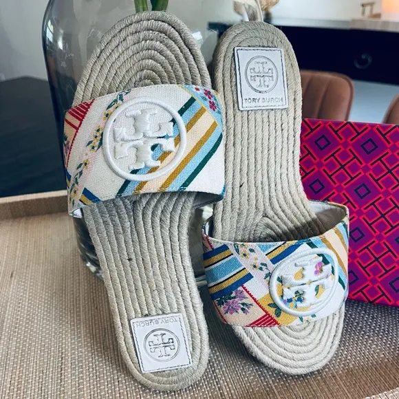 Tory Burch Benton Multicolor Ribbon Printed Canvas Espadrille Open Toe Sandals