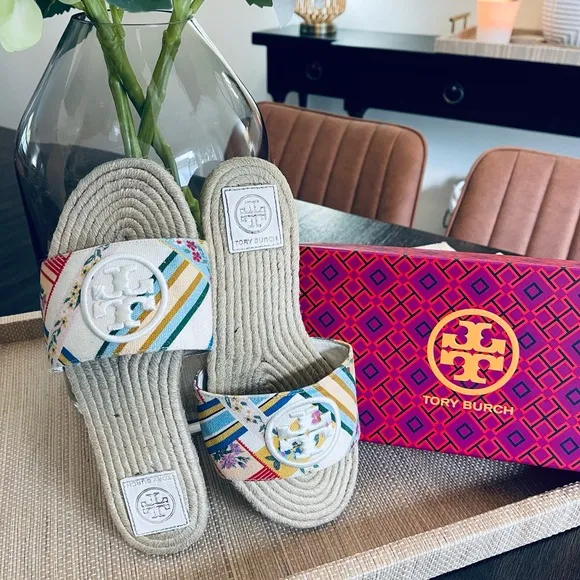 Tory Burch Benton Multicolor Ribbon Printed Canvas Espadrille Open Toe Sandals