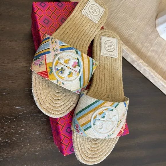 Tory Burch Benton Multicolor Ribbon Printed Canvas Espadrille Open Toe Sandals
