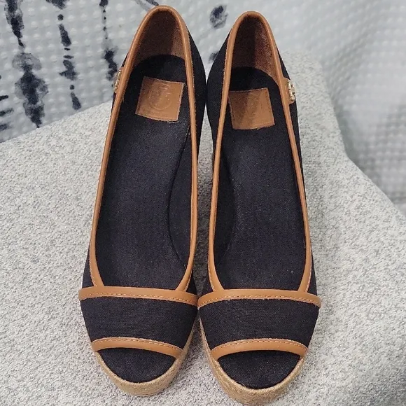 Tory Burch Black and Tan Espadrille Flats