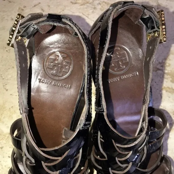 Tory Burch Black, Dark Brown &amp; Gold Gladiator Sandal Leather High Wedge Heels