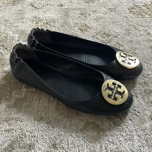 Tory Burch Black Minnie Travel Ballet Flats Gold Logo