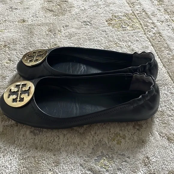 Tory Burch Black Minnie Travel Ballet Flats Gold Logo