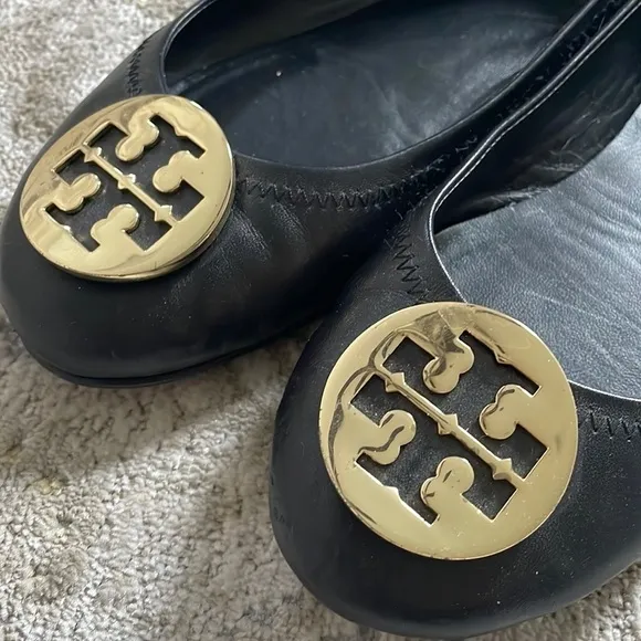 Tory Burch Black Minnie Travel Ballet Flats Gold Logo