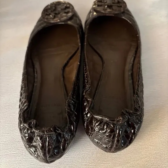 Tory Burch Brown Crocodile Patent Leather Reva Ballet Flats Sz 5M