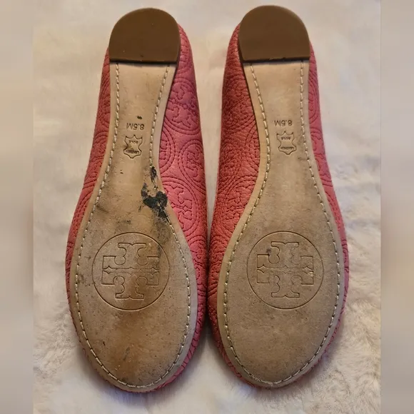 Tory Burch Coral Rose Petal Chelsea Stitched Logo Ballerina Flats Size 8.5M