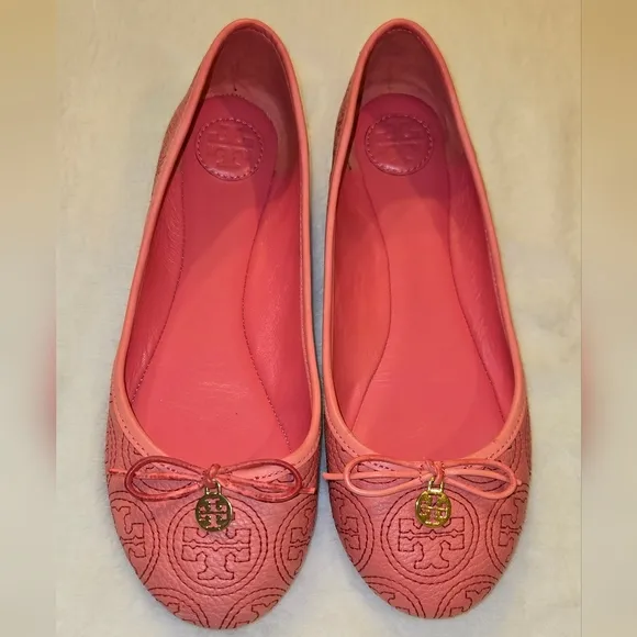 Tory Burch Coral Rose Petal Chelsea Stitched Logo Ballerina Flats Size 8.5M