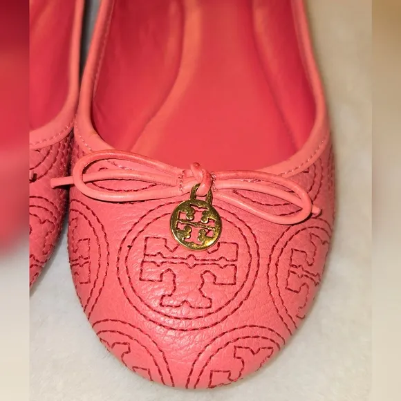 Tory Burch Coral Rose Petal Chelsea Stitched Logo Ballerina Flats Size 8.5M