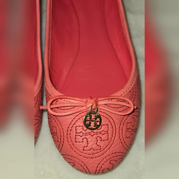 Tory Burch Coral Rose Petal Chelsea Stitched Logo Ballerina Flats Size 8.5M