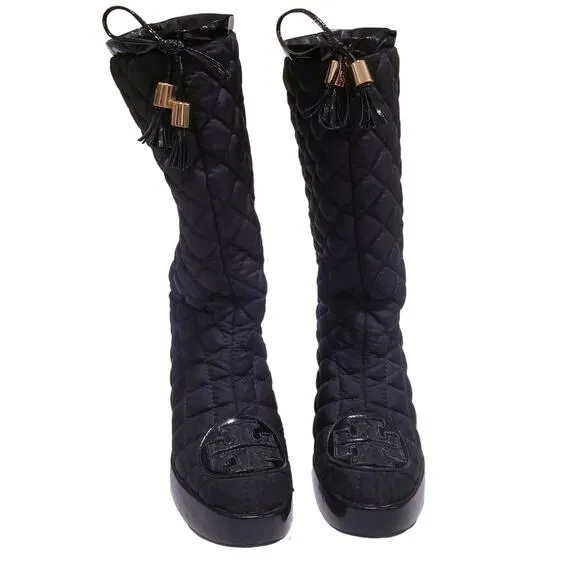 Tory Burch Gigi Black Quilted Tassels Boots