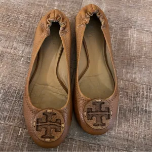 Tory Burch Leather Ballet Flats Travel Shoe Cognac Whisky British Tan Brown