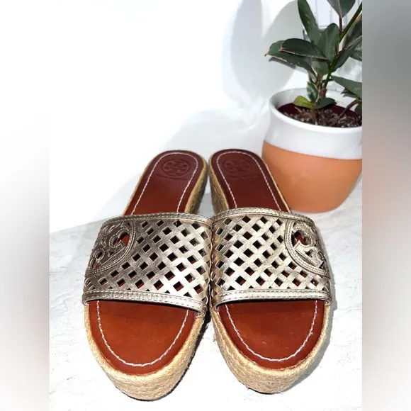 Tory Burch | Leather Thatched Espadrille Platform Sandals | 9 | Authenticated‼️