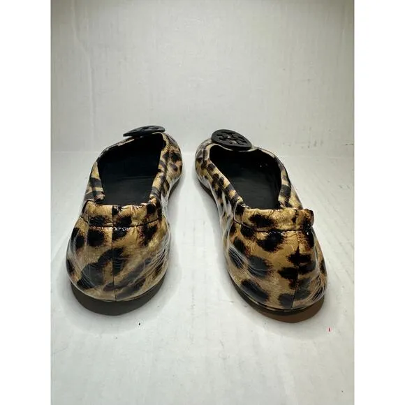 Tory Burch Logo Size 8 Minnie Travel Work Leopard Patent Leather Ballet Flats