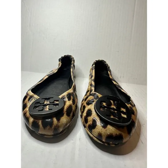 Tory Burch Logo Size 8 Minnie Travel Work Leopard Patent Leather Ballet Flats