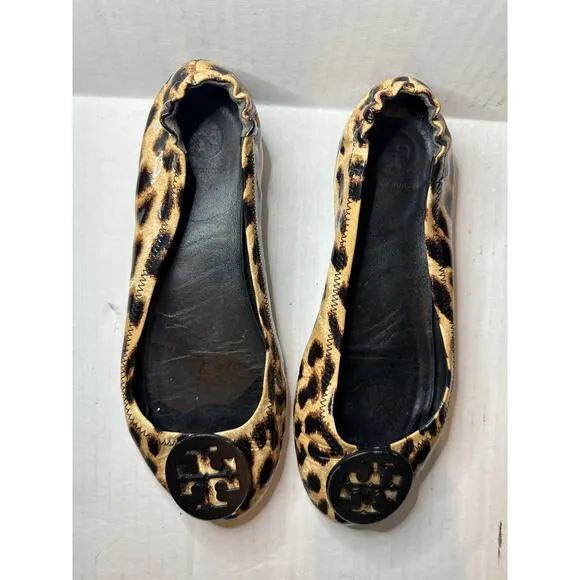 Tory Burch Logo Size 8 Minnie Travel Work Leopard Patent Leather Ballet Flats